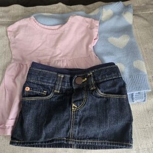 Baby Bundle - Girls Denim Baby Gap Skirt with Pink Top & Blue Heart Sweater Set